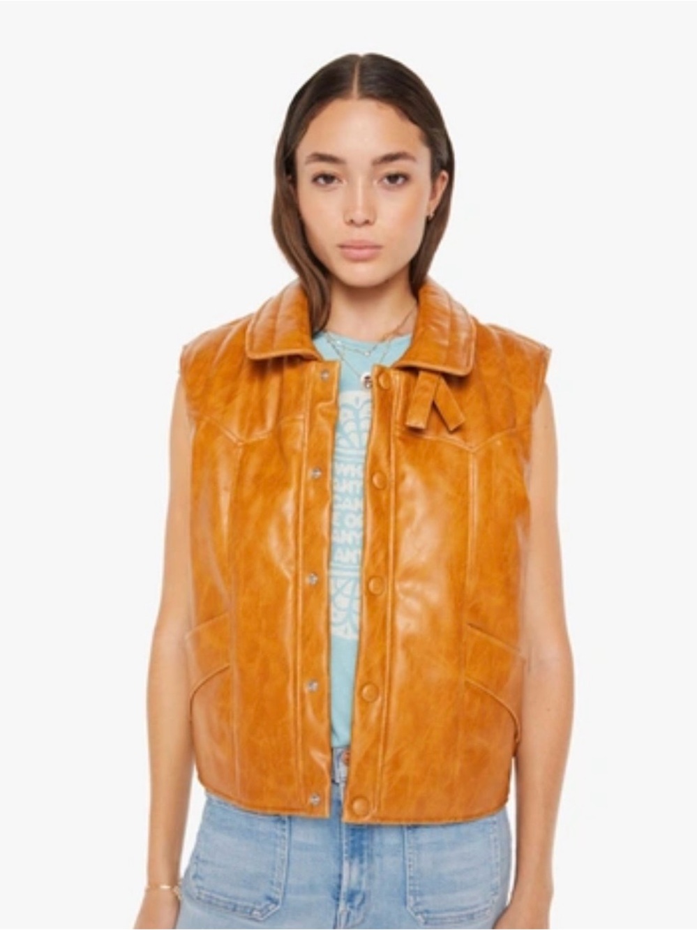 MOTHER Tan Leather Snap-Front Vest
